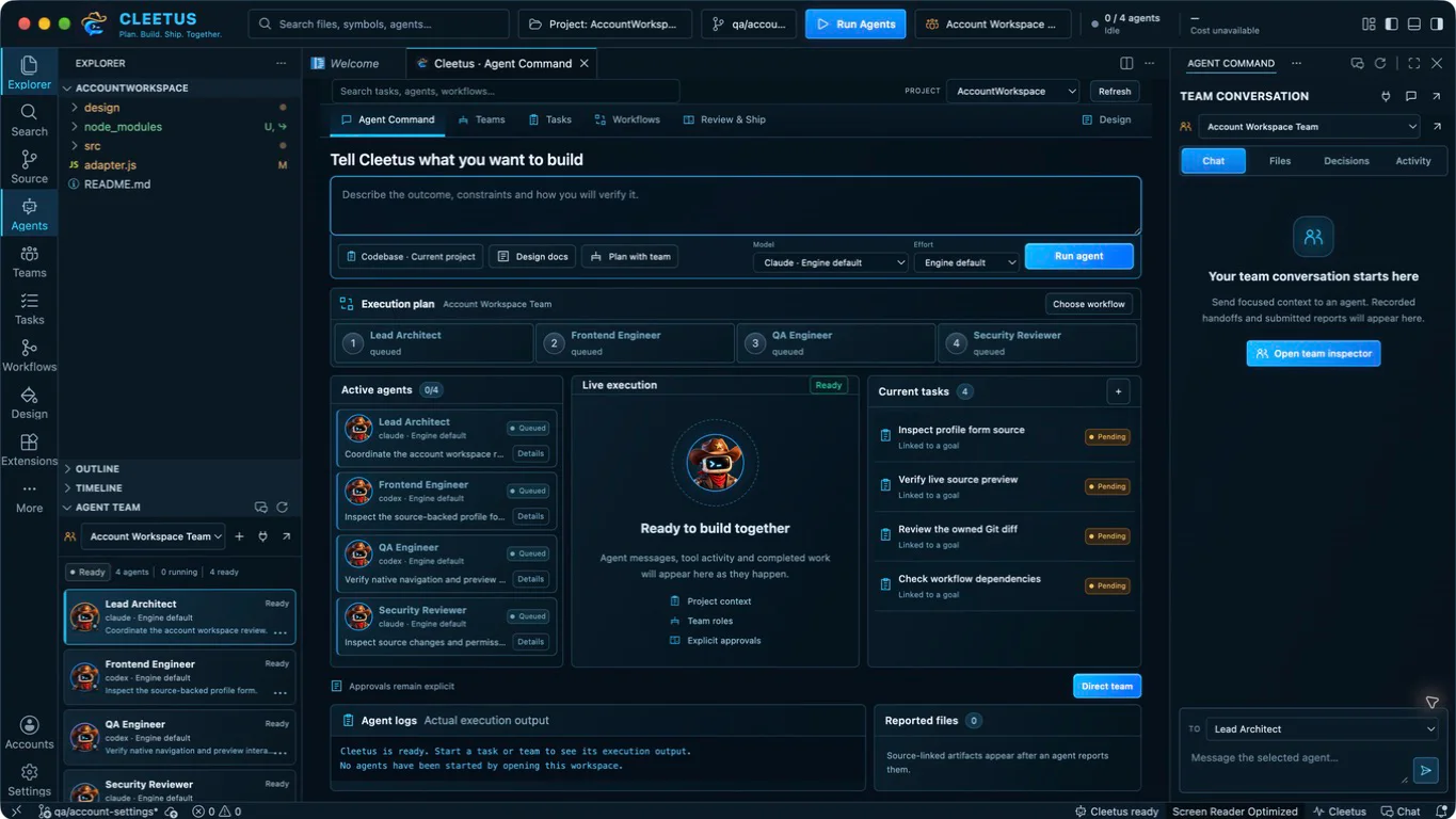 Cleetus IDE Agent Command with a goal composer, four-step execution plan, active agents and current tasks