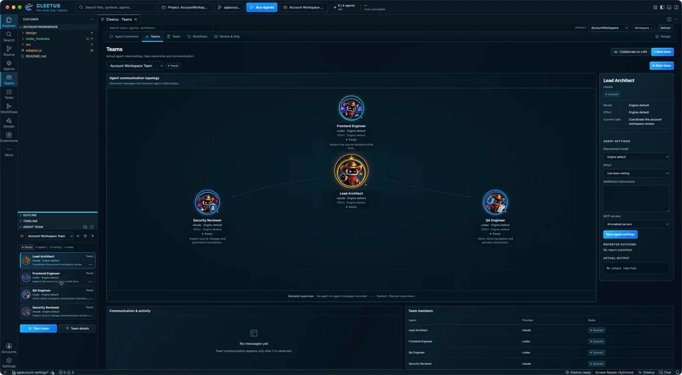 Cleetus IDE orbital Teams view with four ready members around a lead architect